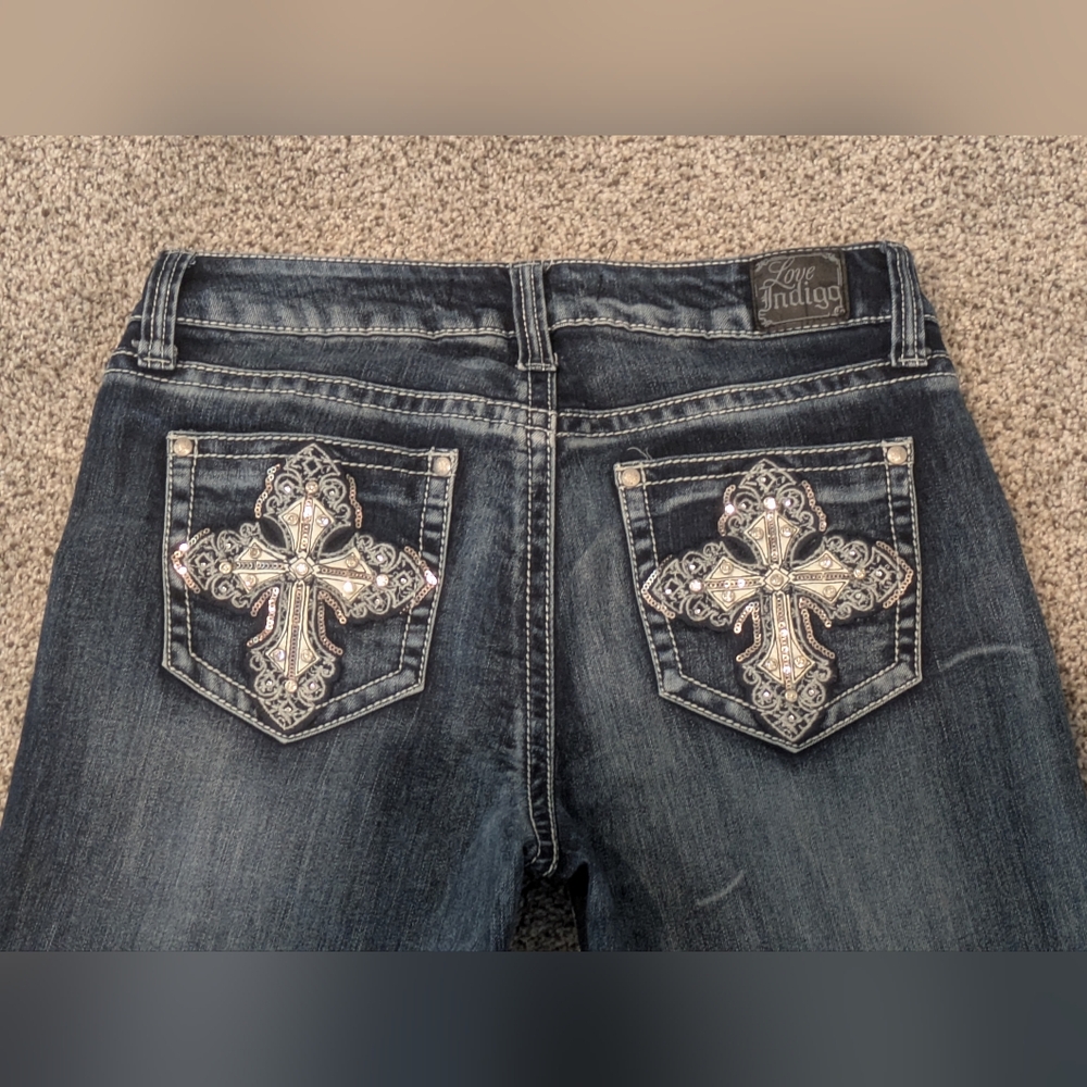 Women's Love Indigo Dark Wash Capris Denim Blue Jeans Stretch Sz: 4 Design Pants - Picture 11 of 14